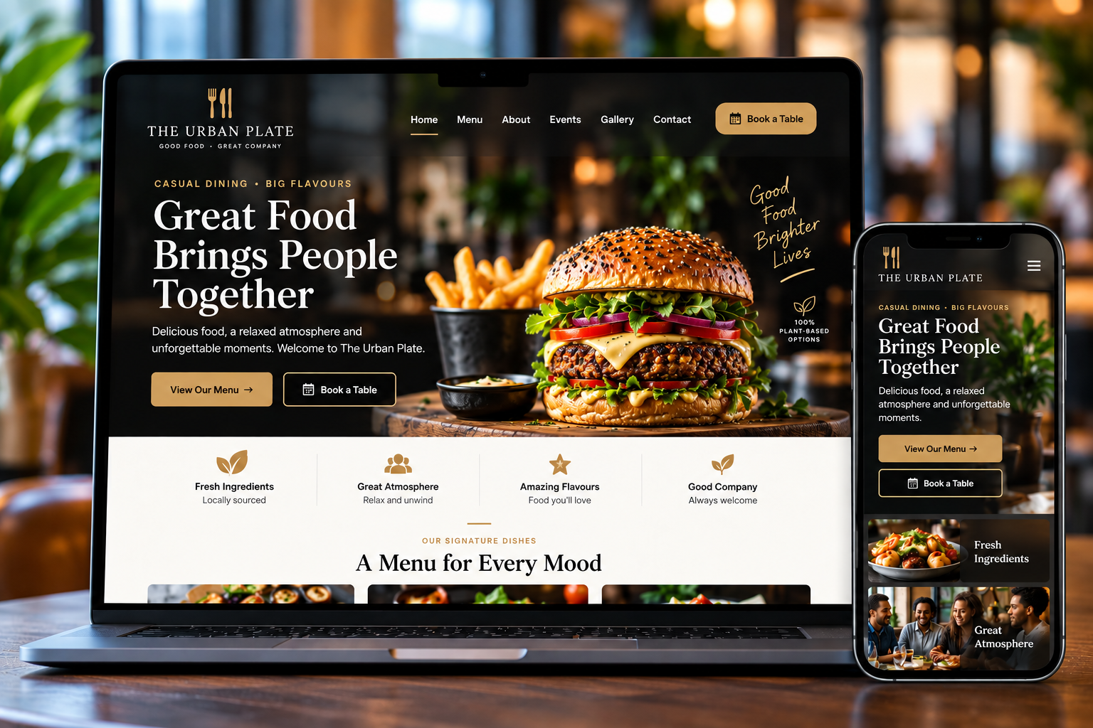Casual dining restaurant website mockup